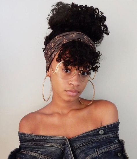 Wrapping a stylish scarf around your hairline gives you an instant cool-girl vibe + allows your curly bangs to shine! African American Hairstyles 2023, Camping Hairstyles Black Women, Flower Theme Outfit, Black Girls Hairstyles With Bangs, Cute Short Natural Hairstyles 4c, Natural Hair Bangs, Curly Updos, Natural Hair Ponytail, Hairstyles Bangs