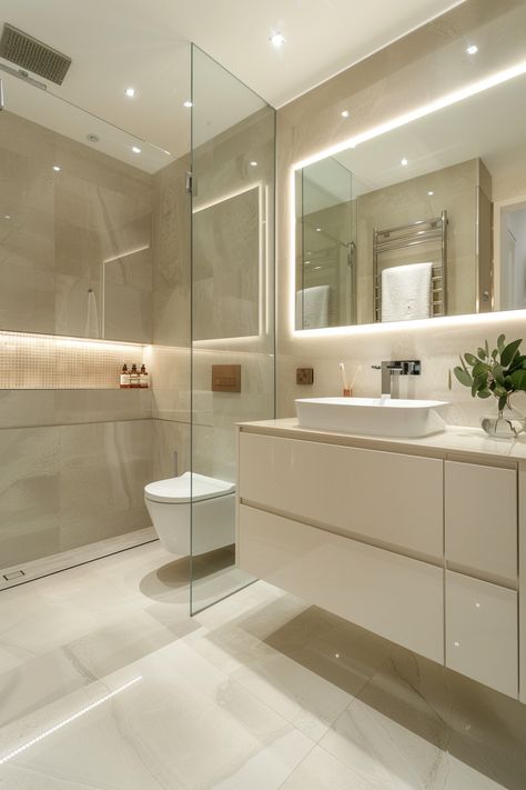 Transform Your Space: Stylish & Modern Bathroom Design Ideas Beige Bathroom Tile Ideas, Beige Bathroom Tile, Small Washroom Design, Modern Beige Bathroom, Bathroom Ideas Beige, Modern Bathroom Design Ideas, Illuminated Mirror, Shower Area, New House Bathroom