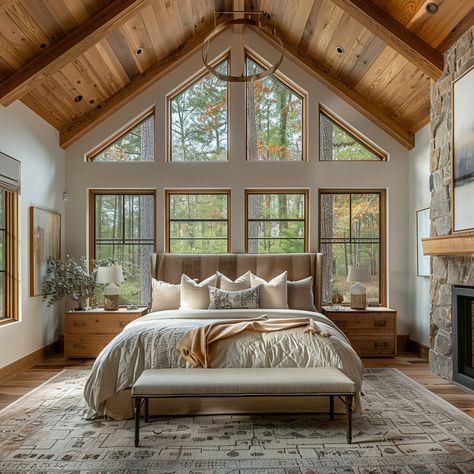 25+ Stunning Master Bedroom Decoration Ideas 20 Cabin Style Bedroom Master Suite, Cabin Primary Bedroom, Modern Cozy Bedroom Master Suite, Rustic Modern Master Bed, Modern Farmhouse Master Suite, Barndo Master Suite, Lake House Master Suite, Master Bedrooms With Windows, Primary Bedroom With Fireplace