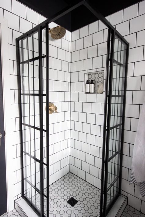 Black Corner Shower Frame, Corner Glass Shower Doors Frameless, Small Corner Shower Ideas, Black Corner Shower, Bathroom Alcove, Bronze Faucets, Shower Frame, Basement Bathrooms, Black Tub