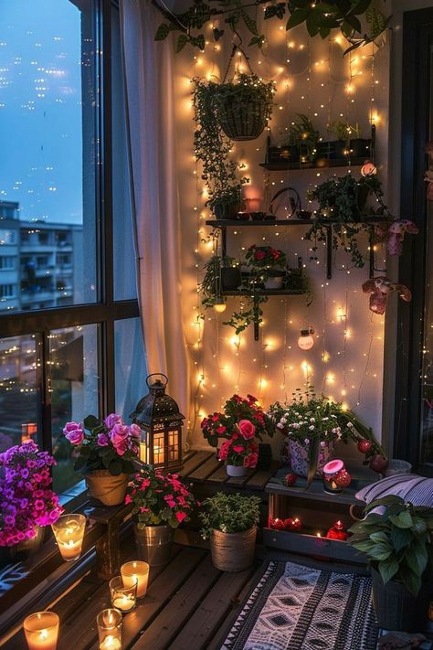 Beautiful Terrace Ideas, Fairy Garden Balcony Ideas, Cozy Balcony Aesthetic, Balcony Flowers Apartment, Pretty Balcony, Chambre Inspo, Balkon Decor, Indian Room Decor, Colourful Living Room Decor