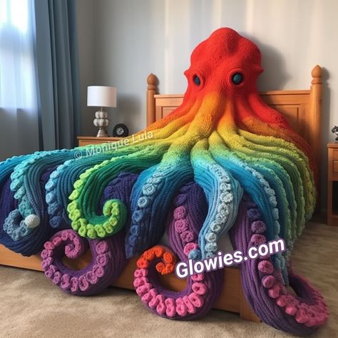 rainbow octopus bed 🌈🐙 - Glow Lockets by Monique Lula | Facebook Octopus Blanket, Octopus Bedding, Rainbow Octopus, Monique Lula, Crochet Scarf Pattern Free, Crochet Octopus, Soft Toy Animals, Beginner Crochet Projects, Crochet Quilt