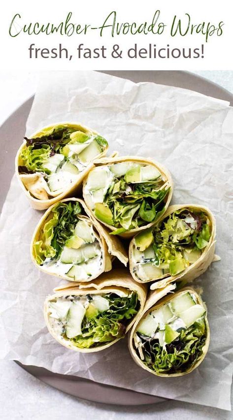 These fresh and crisp cucumber avocado wraps with fresh greens are sort of like those little cucumber sandwiches served at tea parties, but a lot less fussy and more amped up thanks to a pesto-spiked cream cheese spread. They’re an easy no-cook weekday lunch. Easy Vegetarian Wraps Lunches, Cucumber Avocado Sandwich, Avocado Wraps Recipes, Avocado Wrap Vegetarian, Vegetarian Wraps Recipes, Breakfast Cucumber, Cucumber Wrap, Cucumber Wraps, Avocado Wrap Recipes