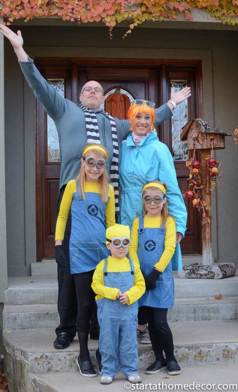 Bugs Family Costumes, Gru Lucy And Minion Costume, Group Halloween Costumes Minions, Gru And Minions Group Costume, Gru Costume Men, Minion Custome Halloween, Diy Despicable Me Costume, Family Halloween Custome, Matching Family Halloween Costumes For 4