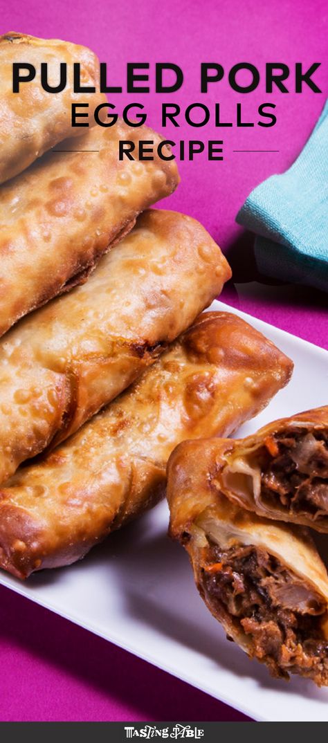 The question is, why wouldn't you wrap pulled pork into an egg rolls, deep fry them and then dunk 'em in peanut sauce? Pork Egg Rolls Recipe, Pork Egg Roll Recipes, Pulled Pork Egg Rolls, Egg Rolls Recipe, Pork Egg Rolls, Chicken Spring Rolls, Egg Roll Recipes, Deep Fry, Egg Roll