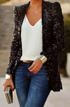 2. EDGY GLAMOUR When all you need is a sequin jacket to add some sparkle to your outfit... Black jeans and a white T-shirt never looked so good! Sequin Jacket Outfit, Sequin Blazer Outfit, Eve Outfit, New Years Eve Outfits, Mode Casual, Best Fashion, Mode Outfits, Low Cost, Moda Casual