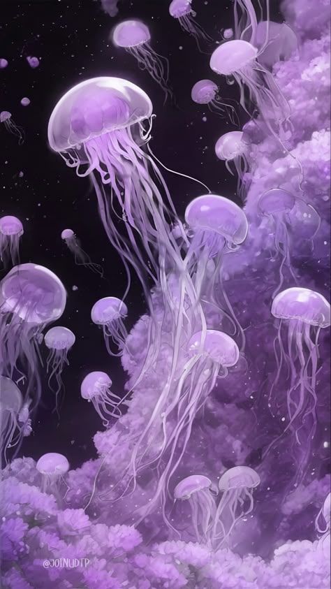 Cartoon Jellyfish Wallpaper, Purple Sea Wallpaper, Purple Jellyfish Aesthetic, Jellyfish Phone Theme, Phone Backgrounds Purple, Purple Jellyfish Wallpaper, Jellyfish Landscape, Jellyfish Aesthetic Wallpaper, Purple Lock Screen