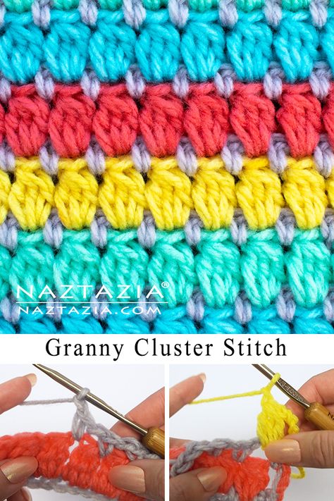 Crochet Granny Stitch, Crochet Cluster Stitch, Cluster Stitch, Granny Stitch, Crochet Stitches Guide, Crochet Stitches For Blankets, Crochet Stitches Video, Crochet Stitches For Beginners, Crochet Square Patterns