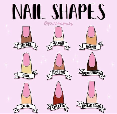 Simple Nail Shapes, All Nail Shapes Chart, Free Style Nails Design, Nail Chart Shape, Type Of Nail Shapes, Nail Types Chart, Nails Shape Chart, Barbados Nails, Nail Length Chart