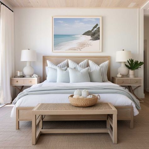 8+ Key Elements of a Coastal Hamptons Style Interior • 333+ Art Images Hamptons Master Bedrooms Decor, Airy Coastal Bedroom, Coastal Living Room Decor Hampton Style Master Bedrooms, Hampton Beach House Decor, Light Blue Guest Room Ideas, Hampton Bedroom Ideas Coastal Style, Coastal Bedrooms Blue, Modern Beach Interior, Coastal Master Bed