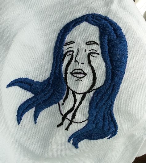 i traced someone's design but still, it took me two days! 🖤💙 #billieeilish #embroidery Billie Eilish Embroidery, Small Sewing, Small Sewing Projects, Billie Eilish, Hand Embroidery, Vault Boy, Sewing Projects, Take That, Embroidery