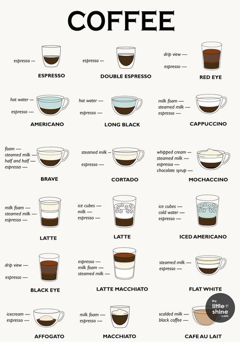 Coffee Types Chart, Different Coffee Drinks, Barista Recipe, Coffee Chart, Different Kinds Of Coffee, Flat White Coffee, Coffee Infographic, Espresso Recipes, Different Coffee