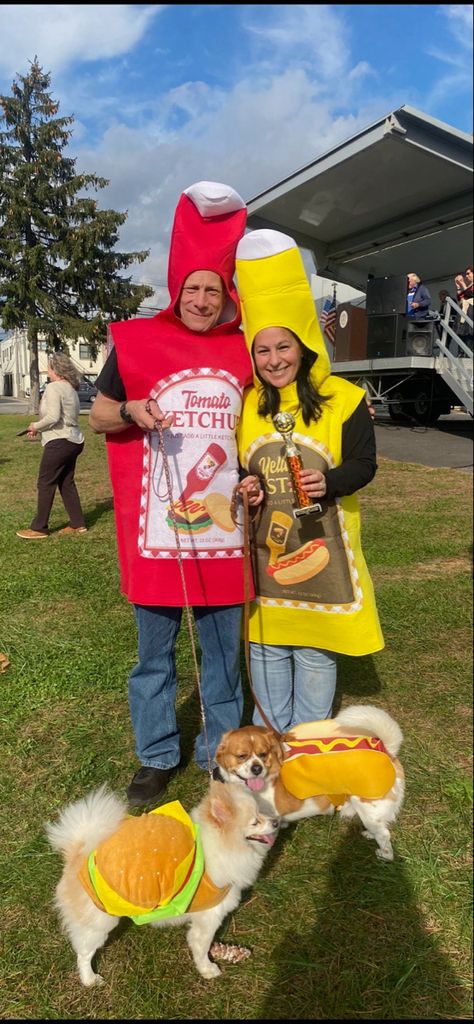 Cute Couple Costumes With Dog, Dog Costumes Matching Owner, Couple And 2 Dogs Costume, Couple And Two Dogs Halloween Costume, Dog Duo Costumes, Duo Dog Halloween Costumes, Costumes With Dogs And Owner, Dog Halloween Costumes For 2 Dogs, Matching Pet Costumes