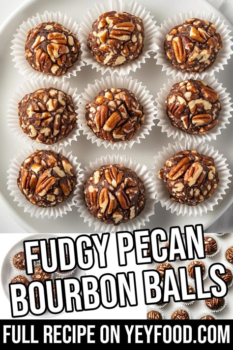 Fudgy Pecan Bourbon Balls - Yeyfood.com: Recipes, cooking tips, and kitchen hacks for home cooks of all levels Pecan Pie Bourbon Balls, Boozy Bourbon Balls, Bourbon Cake Balls, Pecan Bourbon Balls, Bourbon Balls Recipe Easy, Liquor Balls, Alcohol Truffles, Bourbon Pecans Recipe, Bourbon Dessert Recipes