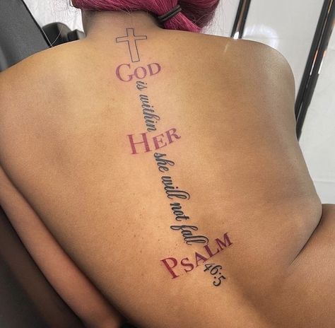 Fire Back Tattoo Women, Cross Back Tattoos For Women, Collar Bone Name Tattoos For Women, Cute Simple Back Tattoos, God Spine Tattoos For Women, God's Favorite Tattoo, Back Tattoo Christian, Trust God Tattoos For Women, Christian Back Tattoo Women