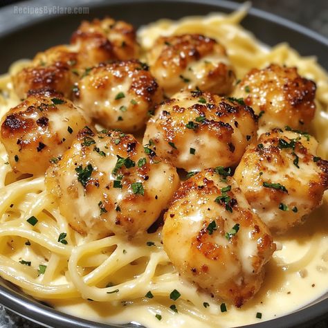 Garlic Butter Chicken Bites With Creamy Parmesan Pasta Chicken Recipes 30 Minutes, Chicken Based Recipes, Healthy Comfort Dinner Recipes, Garlic Butter Chicken Alfredo, Parmesan Chicken And Pasta, Garlic Butter Chicken Bites With Creamy, Garlic Butter Chicken Bites Recipe, Easy Dinner Recipes With Noodles, Creamy Dinner Ideas