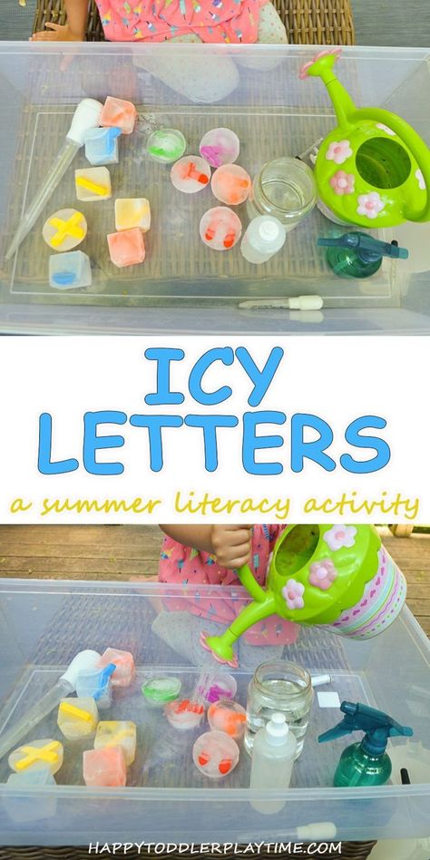 Icy Letters a summer literacy activity for toddlers and preschoolers as they work on learning the letters of the alphabet.  #preschool #alphabet #toddler #kidsactivities Literacy Activity For Toddlers, Summer Literacy Activities, Outdoor Learning Activities, Preschool Alphabet, Activity For Toddlers, Summer Preschool, Preschool Literacy, Letter Activities, Summer Learning