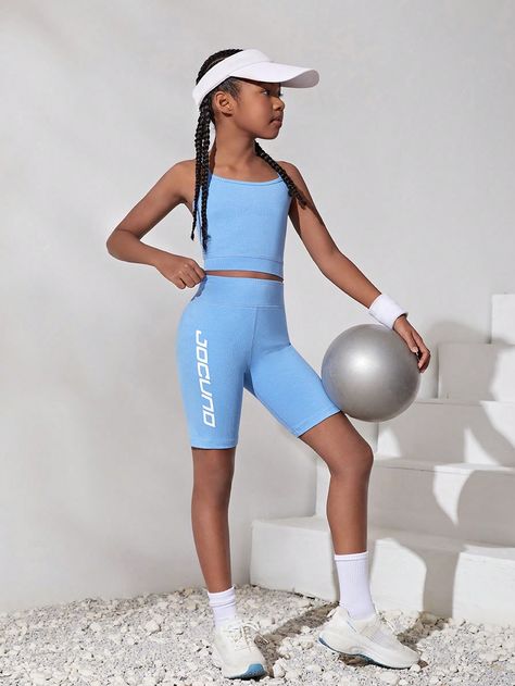 Dusty Blue  Collar   Letter  Embellished Medium Stretch  Tween Girls Clothing Tank Top Shorts, Top Shorts Set, Kids Activewear, Orange Aesthetic, Ribbed Tank Top, Kids Collection, Knitting Girls, Ribbed Tank, Sport Girl