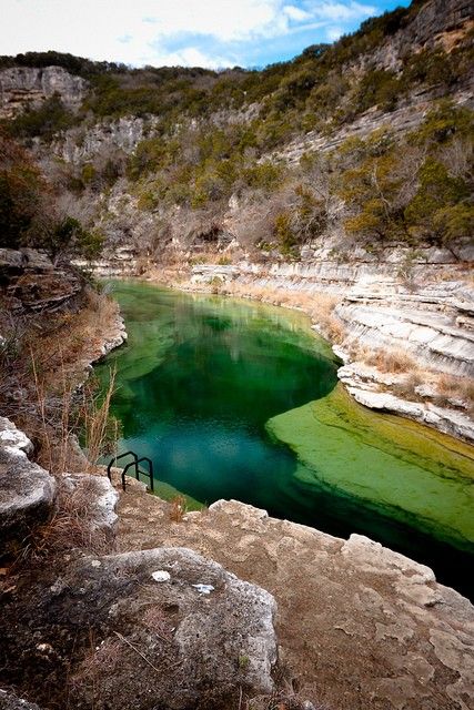 Blue Hole, Leakey, Texas - You can only get to this Blue Hole by staying overnight at Riding River Ranch, then hike or ride your mountain bike about a mile to it, take a steep set of stair down and traverse the stream several yards. Leakey Texas, Wimberly Texas, Frio River, Wimberley Texas, Texas Adventure, Texas Places, Blue Hole, Stay Overnight, Central Texas