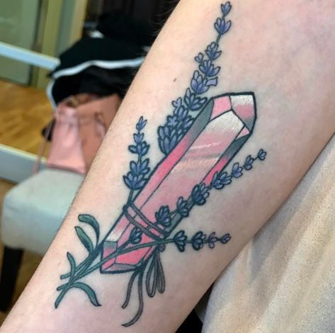 Crystal and lavender tattoo Quartz Crystal Tattoo, Rose Quartz Tattoo, Gem Tattoo, Crystal Tattoo, Lavender Tattoo, Omerta Tattoo, About Rose, Skeleton Hand Tattoo, Tattoo Magazines