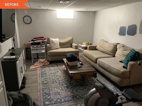 Basement Redo with Navy Paint - Before and After Photos | Apartment Therapy Basement Makeover Before And After, Small Cozy Basement, Basement Apartment Ideas Room Layouts, Small Basement Ideas Layout, Small Basement Ideas Cozy, Small Finished Basements, Basement Paint Colors, Basement Painting, Old Basement