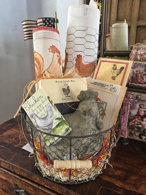 Pretty Little Hen basket with 3 needlepoint canvases, soap, matches, cement chicken chicken wire basket, notepad Chicken Basket Ideas, Chicken Gift Basket Ideas, Bingo Ideas, Purim Ideas, Chicken Basket, Thank You Baskets, Chicken Wire Basket, Gardening Gift Baskets, Auction Basket