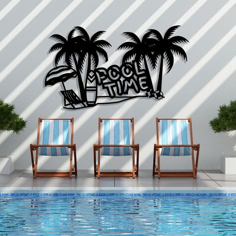 Pool Time Metal Wall Sign, Palm Tree Tropical Metal Wall Decor, Summer Patio Sign Custom Swimming Pool, Summer Panel, Poolside Vibes Poolside Wall Decor, Swimming Pool Wall Art, Pool Fence Decorating Ideas, Tropical Pool Decor, Pool Wall Ideas, Pool Side Decorating Ideas, Pool Side Decor, Backyard Pool Decor, Pool Area Design