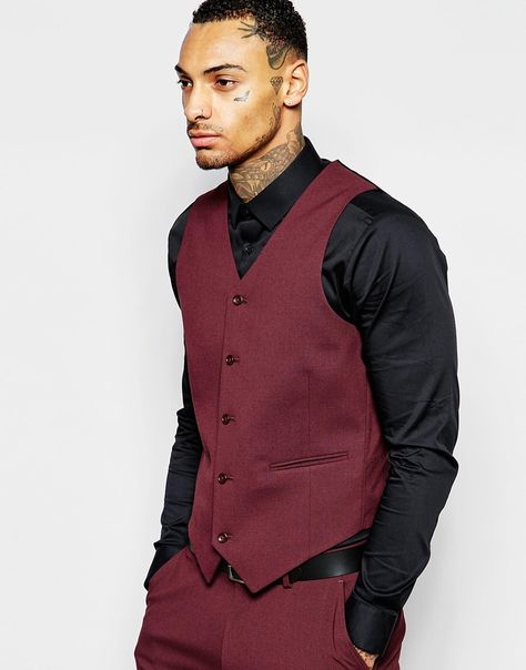 Image 1 of ASOS Skinny Vest In Burgundy Maroon Vest Outfit Men, Waistcoat Suit, Vest Outerwear, Burgundy Vest, Navy Blue Vest, Men's Vests, Navy Vest, Men Wear, Mens Vests