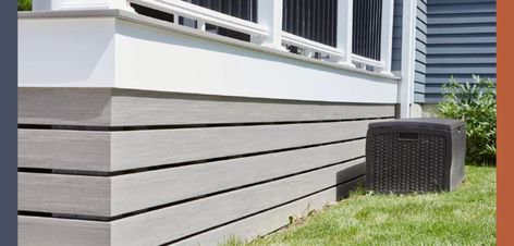 Deck Trim Ideas, Composite Deck Skirting, Horizontal Deck Skirting, Deck Fascia, Deck Skirting Ideas, Porch Trim, Skirting Ideas, Deck Patterns, House Skirting