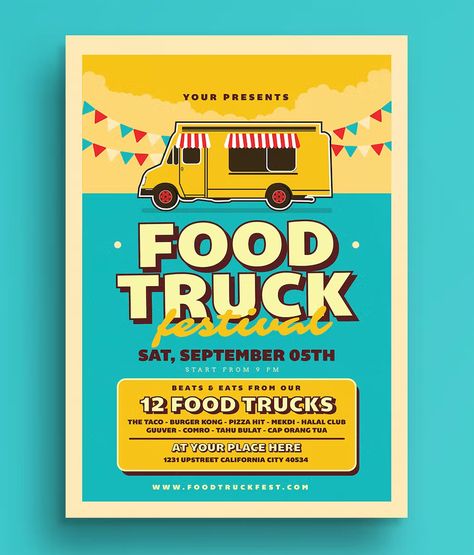 Retro Food Truck Event Flyer Template AI, PSD Retro Flyer Design, Retro Food Truck, Food Truck Events, Taco Burger, Food Truck Festival, Flyer Free, Retro Food, California City, Event Flyer Templates