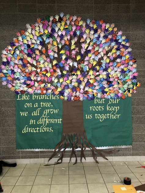 School. Bulletin board. Tree. Leaves. School. Hands. Family. Roots Take One Leave One Bulletin Board, Family Day Decorations School, Tree Roots Decoration Ideas, Bulletin Board Ideas With Trees, Bulletin Board Tree Ideas, Tree Themed Bulletin Boards, Gratitude Tree Bulletin Board, Creative Family Tree Ideas For School, Motivational Tree