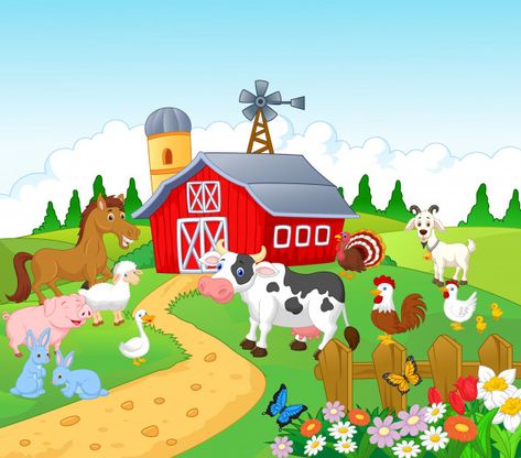 Farm background with animals Premium Vector Farm Mural, Farm Background, Farm With Animals, Farm Animals Preschool, Farm Cartoon, Cow Vector, Farm Images, Farm Scene, Farm Birthday