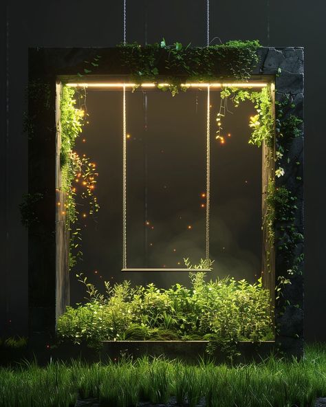 Magical or creepy?⁠ ⁠ ⁠ An open square box with plants and moss on the sides, inside there is an illuminated swing hanging from above, illuminated plants, grassy ground, volumetric light, dark background, rendered in the style of octane, hyper realistic. --ar 35:44 --v 6.0⁠ ⁠ ⁠ ⁠ ⁠ #thisisnotreal#aiphoto #aiphotography #promptphotography #artist #artistsoninstagram #photography #digitalart #art #scifiartwork #dnd5e #dystopian #fantasy #surreal #ethereal #magical #foliage Nature Art Installation, Fantasy Installation, Fantasy Decorations, Fantasy Lighting, Nature Installation, Photo Studio Design, Scifi Artwork, Photography Studio Setup, Lighting Installation