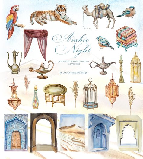 Watercolor Arabic Night Clipart Set by ArtCreationsDesign on @creativemarket Arabic Night, Night Illustration, Moroccan Style, Wedding Saving, Watercolor Clipart, Photo Illustration, Save The Date, Watercolor Art, Fairy Tales