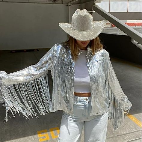 Sequin Fringe Jacket, Cowboy Fits, Disco Jacket, Disco Cowboy, Cheer Banquet, Tassel Jacket, Cowboy Jacket, Iconic Outfits, Disco Cowgirl