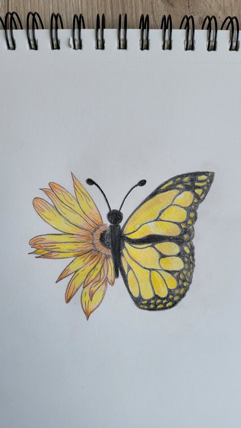 Yellow Butterfly yellow flower half drawing coloured drawing Half Butterfly Half Flower Painting, Half Butterfly Drawing, Half Flower Half Butterfly, Distortion Art, Half Butterfly, Half Flower, Arm Tats, Flower Step By Step, Sunflower Drawing