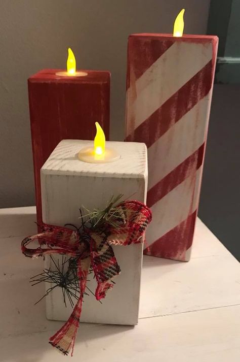 Diy Holiday Wood Crafts, Christmas T Light Holders, Easy Diy Wood Crafts To Sell, Christmas Wood Blocks Diy Craft Ideas, Chunky Wood Candle Holders, Christmas Wood Candle Holders, Wooden Christmas Diy Projects, Wood Projects Holidays, Scrap Wood Holiday Projects