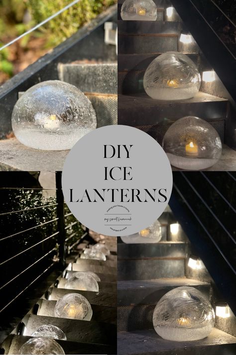 DIY ICE LANTERNS. Create a magical winter glow with these easy ice lanterns. All you need is balloons, water, freezing temps, (or a freezer) and battery operated flickering tea lights! Come see how easy these are! Ice Candles Diy, Ice Globe Lanterns, Ice Lanterns, Balloon Lanterns, Ice Candle, Christmas Topiary, Winter Centerpieces, Battery Operated Tea Lights, Lantern Christmas