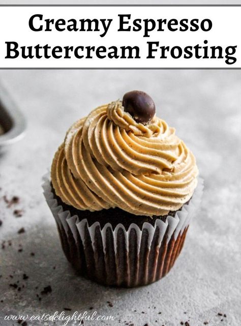 Espresso buttercream frosting piped onto chocolate espresso cupcake with chocolate covered coffee bean on top Coffee Filling For Cake, Coffee Icing Recipe, Espresso Coffee Recipes, Espresso Frosting Recipe, Espresso Buttercream Frosting, Coffee Frosting Recipe, Espresso Frosting, Coffee Frosting, Espresso Buttercream