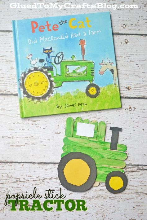 Popsicle Stick Tractor for Pete the Cat and Old MacDonald Had a Farm- Kid Craft Tractor Crafts, Farm Theme Preschool, Farm Animal Crafts, Farm Craft, Farm Animals Theme, Farm Preschool, Farm Activities, Farm Kids, Farm Crafts