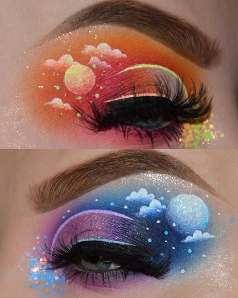 Ellen Kern on Instagram: “SUN ☀️ MOON 🌚 ASCENDANT ☁️ Finishing up with some Zodiac essentials. 🥺 Can you believe this is the last of my astrology series!? Hope you…” Sun And Moon Eye Makeup, Eclipse Makeup Ideas, Sun And Moon Face Paint, Sun Moon Makeup, Sun And Moon Makeup Look, Solar Eclipse Makeup, Sun Eye Makeup, Moon Eye Makeup, Sun Makeup Looks