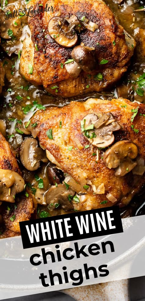 Roasted Chicken With Red Wine Sauce, Chicken Thigh Recipes White Wine, Skillet Chicken Thighs With White Wine Butter Sauce, Christmas Chicken Thighs, Chicken White Wine Mushrooms, Chicken White Wine Recipes, Braised Chicken Quarters Recipe, Chicken Thigh And Legs Recipes, Italian Chicken Thigh Recipes