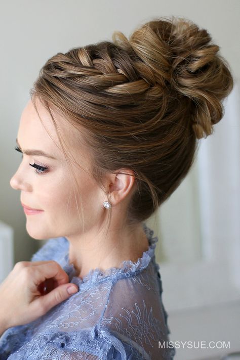 Fishtail French Braid High Bun – OBSiGeN High Updo Wedding Bridesmaid, Braid Up The Back Into A Bun, Wedding Hairstyles Updo Long Hair, High Bun Hairstyles Wedding Classy, Elegant Updos For Medium Length Hair, Easy Braid Updos For Long Hair, Dance Picture Hairstyles, Bun Hairstyles High, High Braided Bun