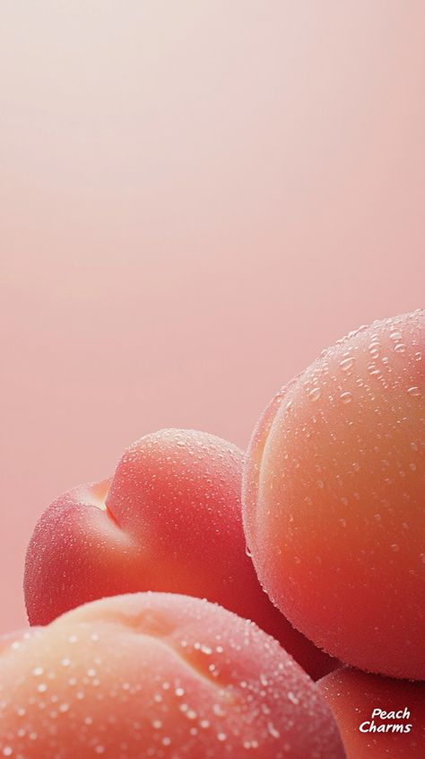 Peach background, peaches in the foreground, close-up, soft pink color gradient, high-resolution photography, high-definition details, professional food photography, water droplets on the peach surface, light background, white space at the top of the frame, "Peach Charms" written on the bottom right side, high quality. Pink Color Gradient, Peach Pfp, Peach Pantone, Professional Food Photography, Photography Water, Surface Light, Peach Background, Peach Aesthetic, Soft Pink Color