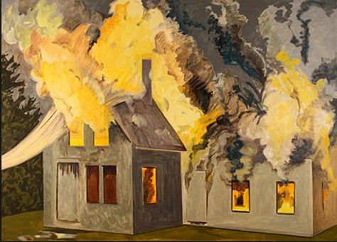 "Burning House, Yellow Smoke" (2007). by Lois Dodd. Oil on panel. This painting stood out to me because of how the organic shape of the flames contrast the geometric lines of the homes. Likewise, Dodd's use of lights versus darks creates another form of contrast. Overall, it was interesting to learn about the story behind Dodd's well known paintings of burning homes. Fairfield Porter, House On Fire, Burning House, Fire Painting, Fire Art, House Drawing, Puella Magi Madoka Magica, House Fire, Six Feet Under