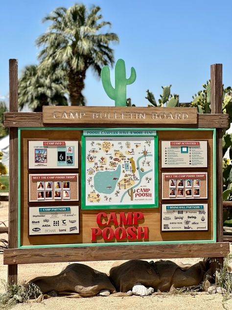 Summer Camp Signage, Summer Camp Goodie Bags, Camp Bulletin Board Ideas, Summer Camp Adult Party, Festival Event Ideas, Camp Bid Day Theme, Camp Poosh, Summer Camp Cabin, Camp Signage