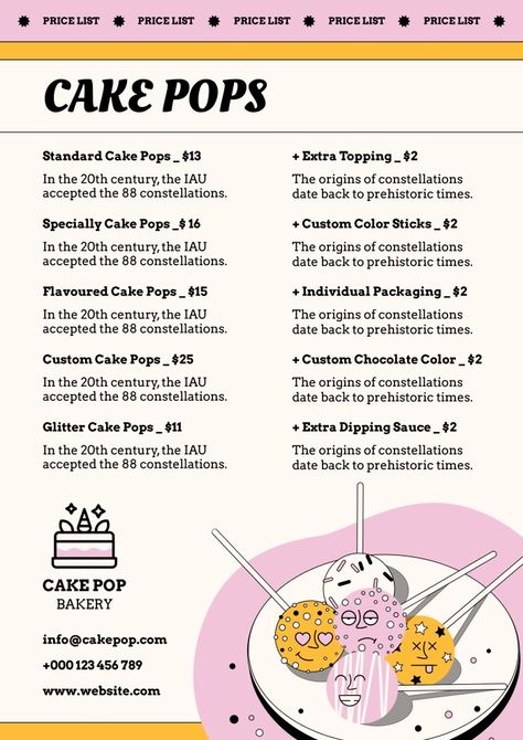 Cake Pops Price List, Cake Pop Business Names, Funny Cake Pops, Cake Pop Pricing, Treats Price List, Cake Pop Business, Cake Pop Prices, Graham Balls, Business Paperwork