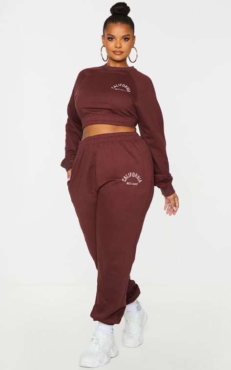 Plus Size Joggers, White Kicks, California Print, Gold Hoops, Cropped Sweater, Chocolate Brown, Women's Fashion, Sweatpants, California