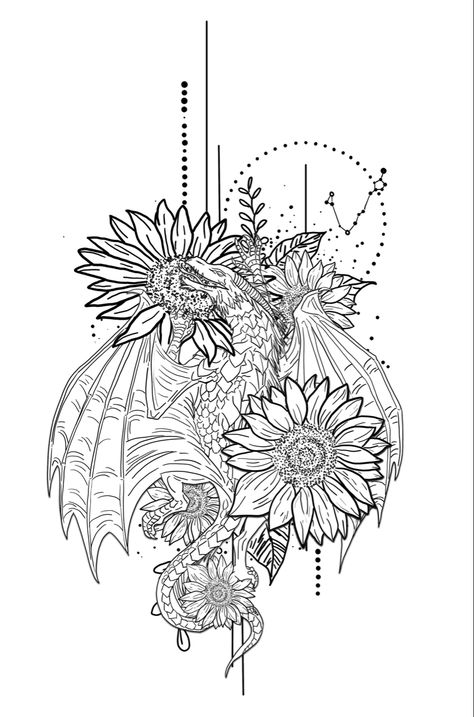 Simple asthetic of a dragon sleeping with sunflowers has an easter egg for the pieces Dragon With Sunflowers Tattoo, Dragon And Sunflower Tattoo, Dragon Egg Tattoo, Sleeping Dragon Tattoo, Dragon Tattoo With Flowers, Dragon Sleeping, Dragon Tattoo Drawing, Pain Chart, Sleeping Dragon