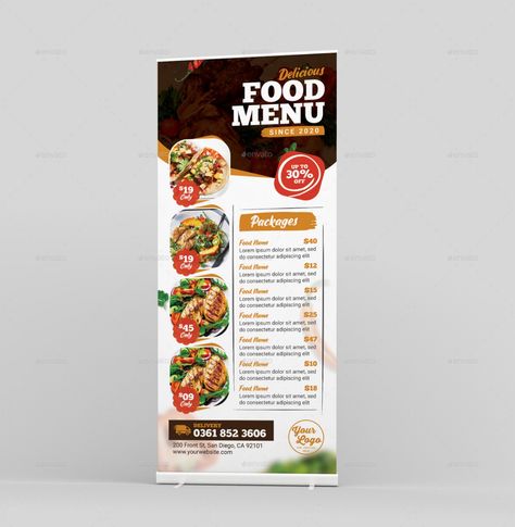 Food Menu Roll-Up Banner Rollup Design, Roll Banner, Roll Up Design, Food Ad, Rollup Banner, Menu Food, Diy Banner, Food Names, Packaged Food